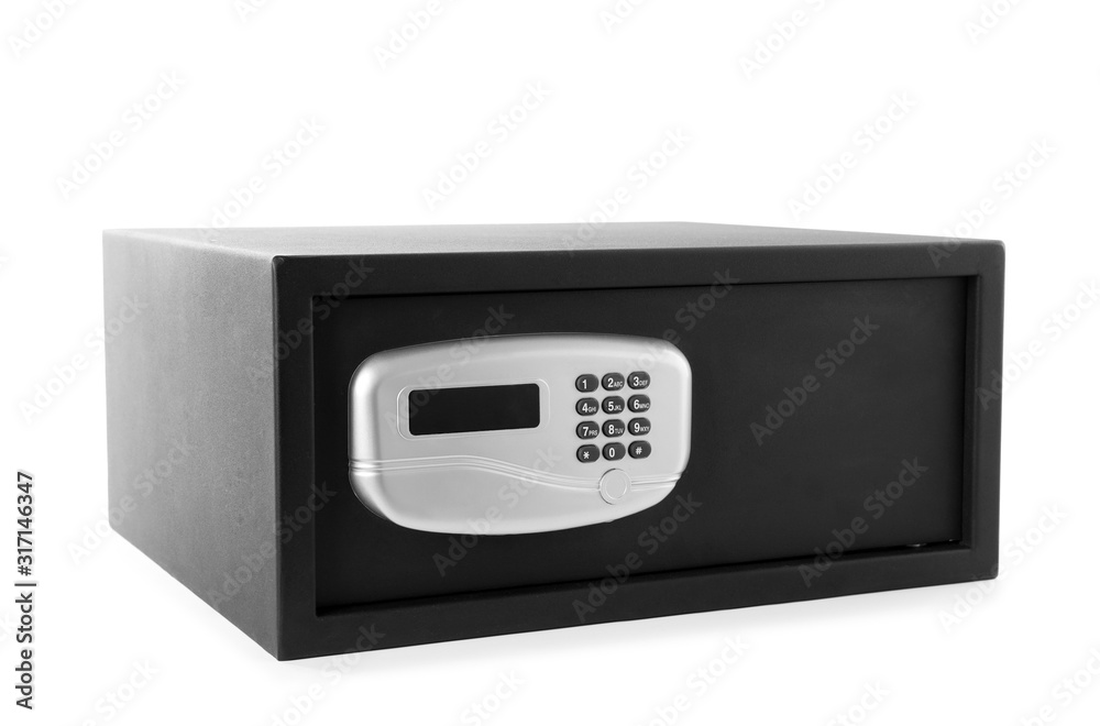 Obraz premium Black steel safe with electronic lock isolated on white