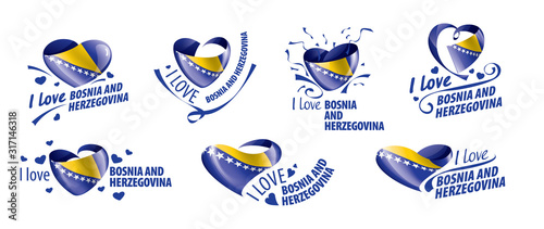 National flag of the Bosnia and Herzegovina in the shape of a heart and the inscription I love Bosnia and Herzegovina. Vector illustration