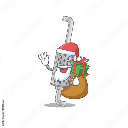 Santa exhaust pipe Cartoon character design having box of gift
