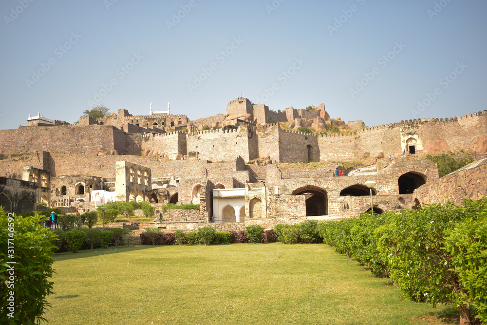 Old Ancient Antique Historical Ruined Architecture of Golconda Fort Walls