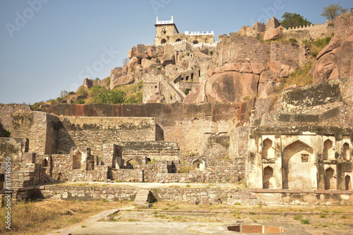 Fototapeta Old Ancient Antique Historical Ruined Architecture of Golconda Fort Walls