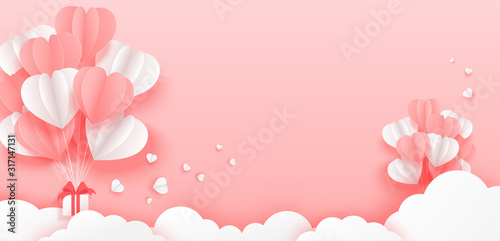 Paper balloon flying over cloud with gift box float on pink background. Illustration of love design for Valentines Day, Mothers day and Birthday. Vector illustration.