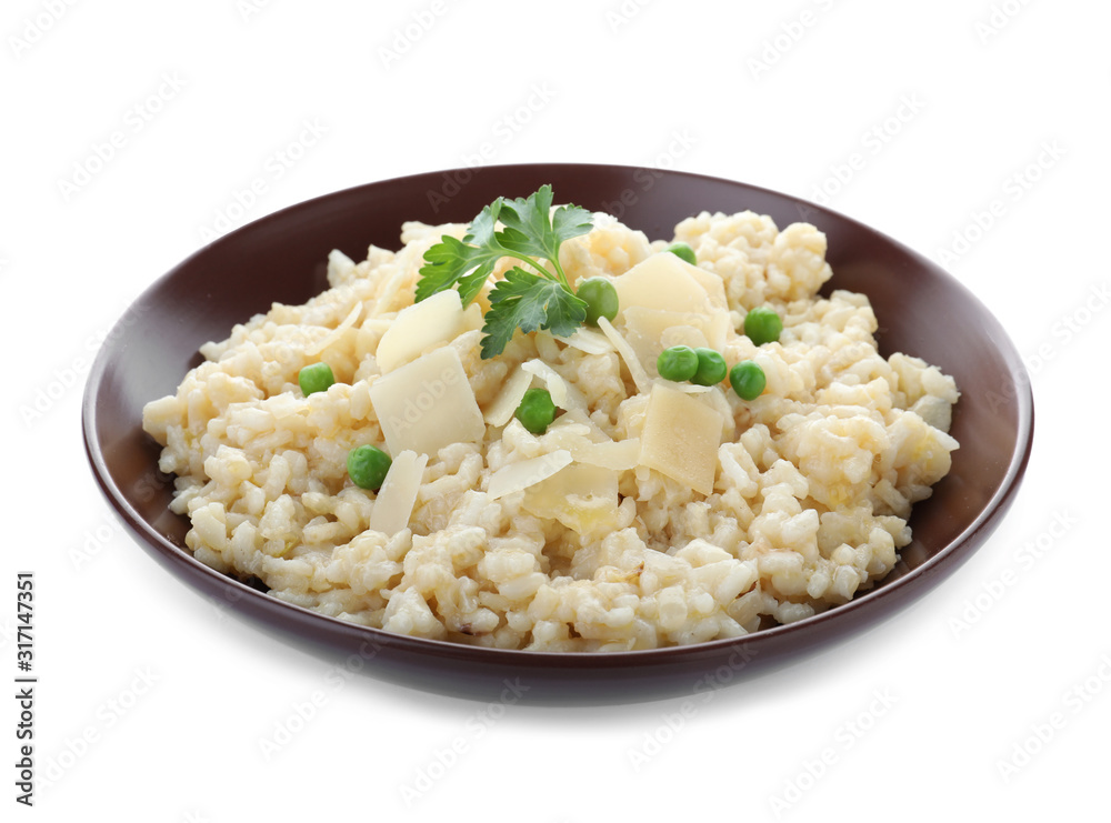 Delicious risotto with cheese isolated on white Delicious risotto with cheese isolated on white