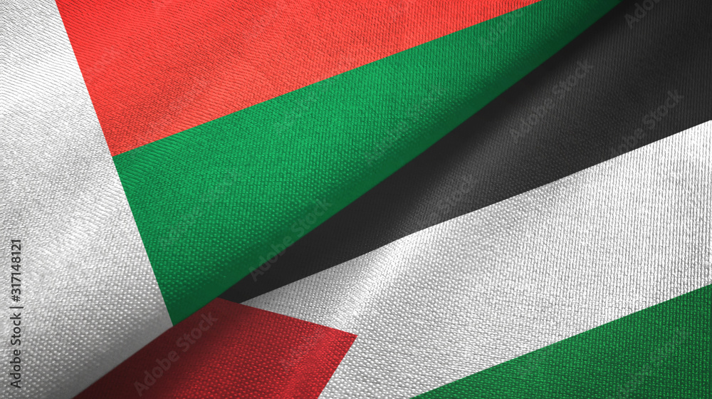 Madagascar and Palestine two flags textile cloth, fabric texture