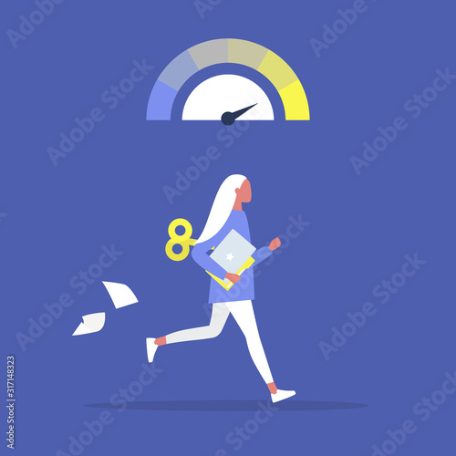 Young active female character running with a clockwork mechanism, Efficiency at work, modern life speed and pressure