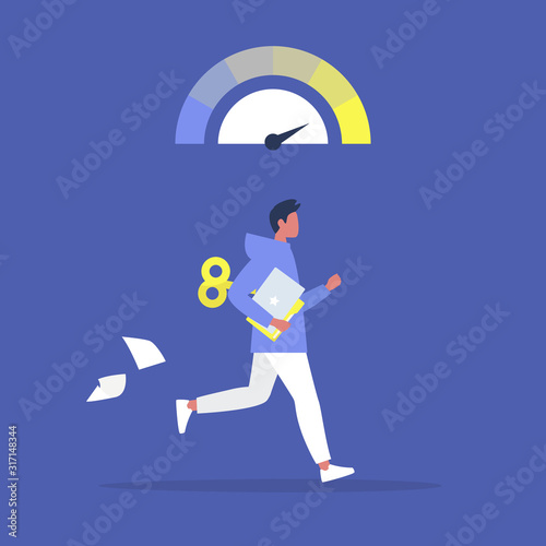 Young active male character running with a clockwork mechanism, Efficiency at work, modern life speed and pressure