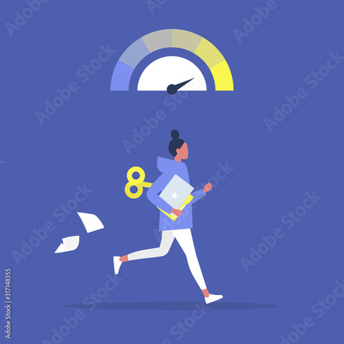 Young active female character running with a clockwork mechanism, Efficiency at work, modern life speed and pressure