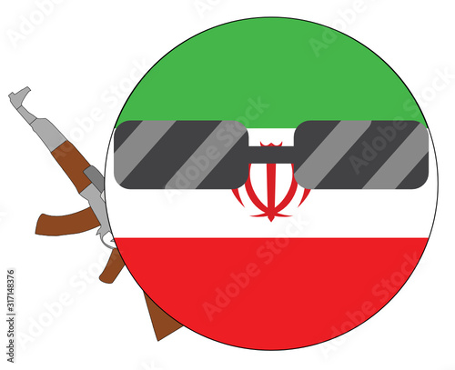 Cool Iran flag emoji. Round Iranian flag emoticon wearing sunglasses and holding a machine gun. Expression of protest, fighting for freedom, independence, patriotism and Iranian culture.