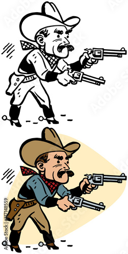 A gunslinger cowboy pointing his pistols at something.
