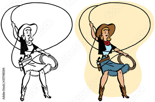 A cowgirl twirls a rope lasso in a rodeo performance. Fototapeta