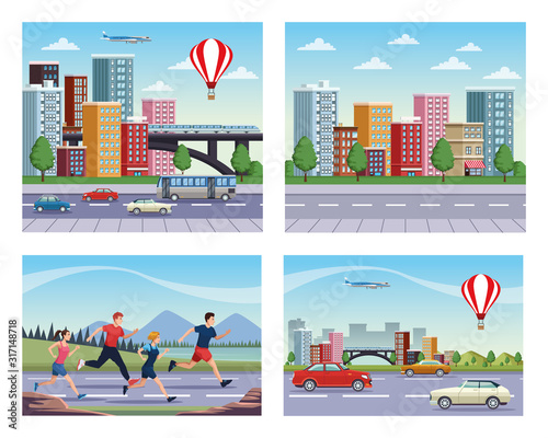 group of people practicing exercise on the city scenes