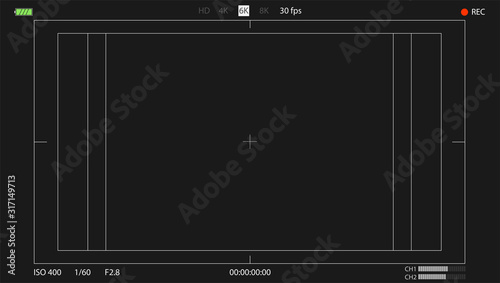 Digital camera viewfinder. Frame interface with point of focus, battery indicator, safe frame and rec status. Video screen of DSLR camera. Digital recorder display. Vector Illustration, EPS10