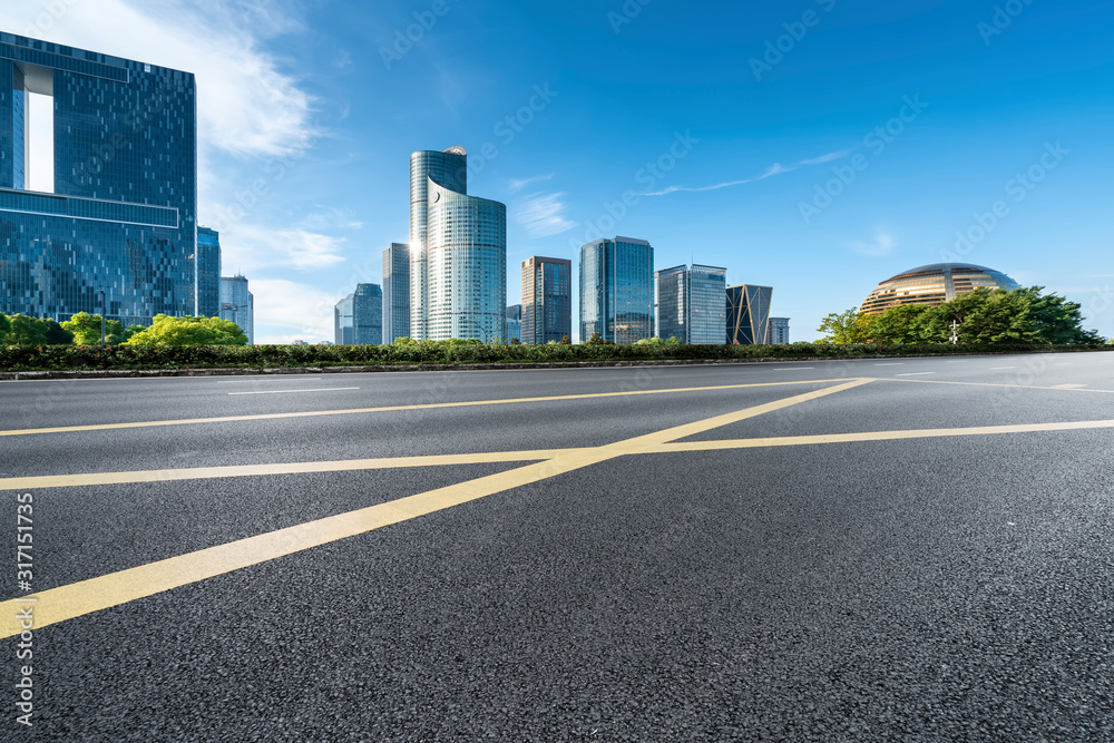 Skyline of Asphalt Pavement and Urban Architecture