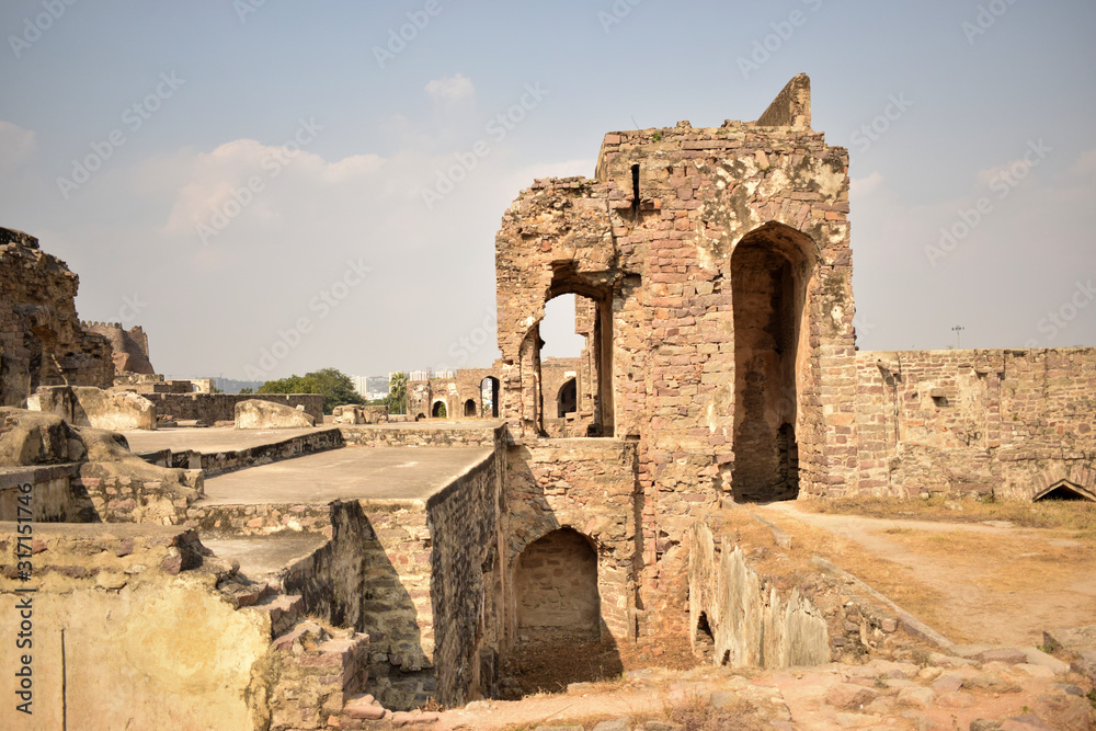 Old Ancient Antique Historical Ruined Architecture of Golconda Fort