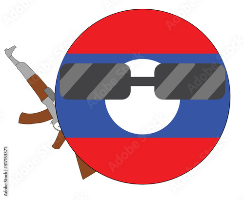 Cool Laos flag emoji. Round Lao flag emoticon wearing sunglasses and holding a machine gun. Expression of protest, fighting for freedom, independence, patriotism and Lao culture.