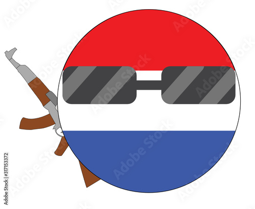 Cool Netherlands flag emoji. Round Dutch flag emoticon wearing sunglasses and holding a machine gun. Expression of protest, fighting for freedom, independence, patriotism and Dutch culture.