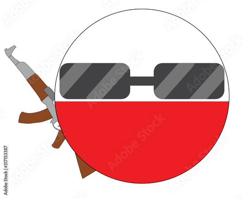 Cool Poland flag emoji. Round Polish flag emoticon wearing sunglasses and holding a machine gun. Expression of protest, fighting for freedom, independence, patriotism and Polish culture.