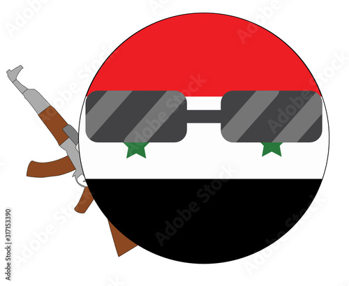 Cool Syria flag emoji. Round Syrian flag emoticon wearing sunglasses and holding a machine gun. Expression of protest, fighting for freedom, independence, patriotism and Syrian culture.