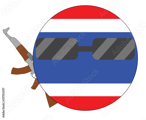 Cool Thailand flag emoji. Round Thai flag emoticon wearing sunglasses and holding a machine gun. Expression of protest, fighting for freedom, independence, patriotism and Thai culture.