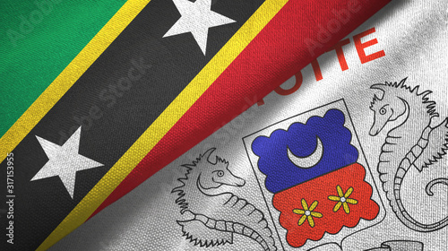 Saint Kitts and Nevis and Mayotte two flags textile cloth, fabric texture