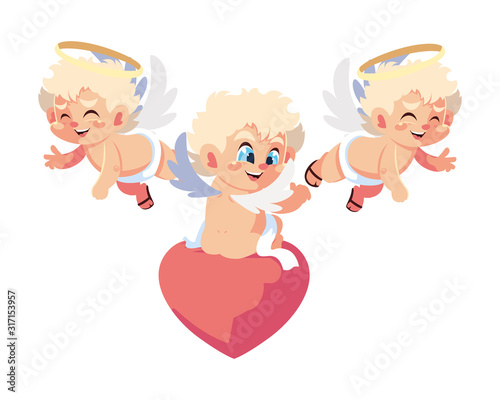 cute cupid angels in different poses on white background