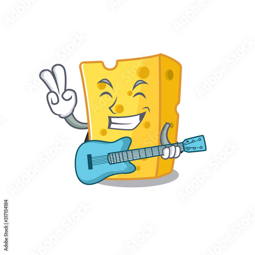 A mascot of emmental cheese performance with guitar