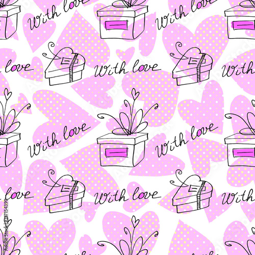Seamless pattern with gift boxes and hearts. Cute hand drawn doodles. Concept for wrapping paper, greeting cards, xmas, packaging, wedding, birthday, fabric, Valentines Day, mothers Day