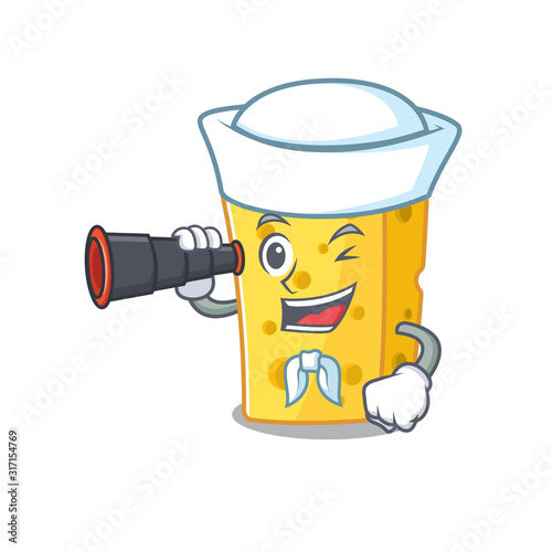 Emmental cheese cartoon happy Sailor style with binocular