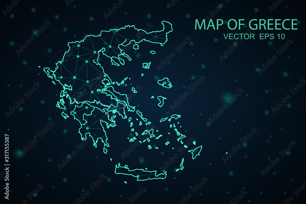Map of greece. Wire frame 3D mesh polygonal network line, design sphere, dot and structure. communications map of greece. Vector.
