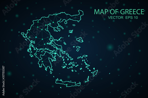 Map of greece. Wire frame 3D mesh polygonal network line, design sphere, dot and structure. communications map of greece. Vector.