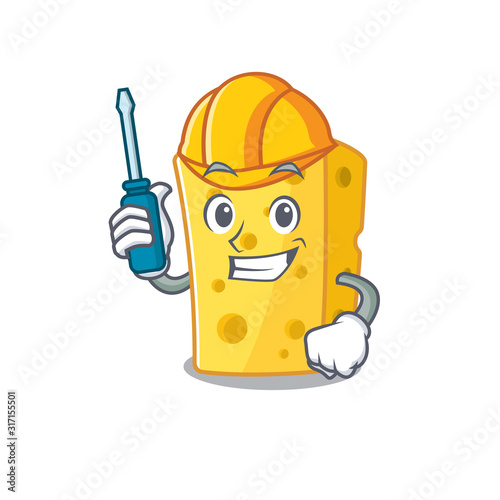 Cool automotive emmental cheese in cartoon character style