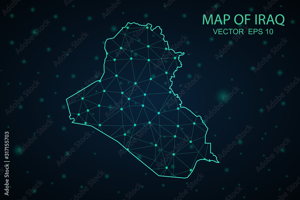 Map of Iraq. Wire frame 3D mesh polygonal network line, design sphere, dot and structure. communications map of Iraq. Vector Illustration EPS10. Map of Iraq. Wire frame 3D mesh polygonal network line, design sphere, dot and structure. communications map of Iraq. Vector Illustration EPS10.