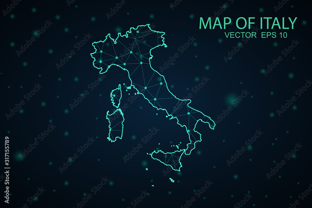 Map of Italy. Wire frame 3D mesh polygonal network line, design sphere, dot and structure. communications map of Italy. Vector Illustration EPS10.