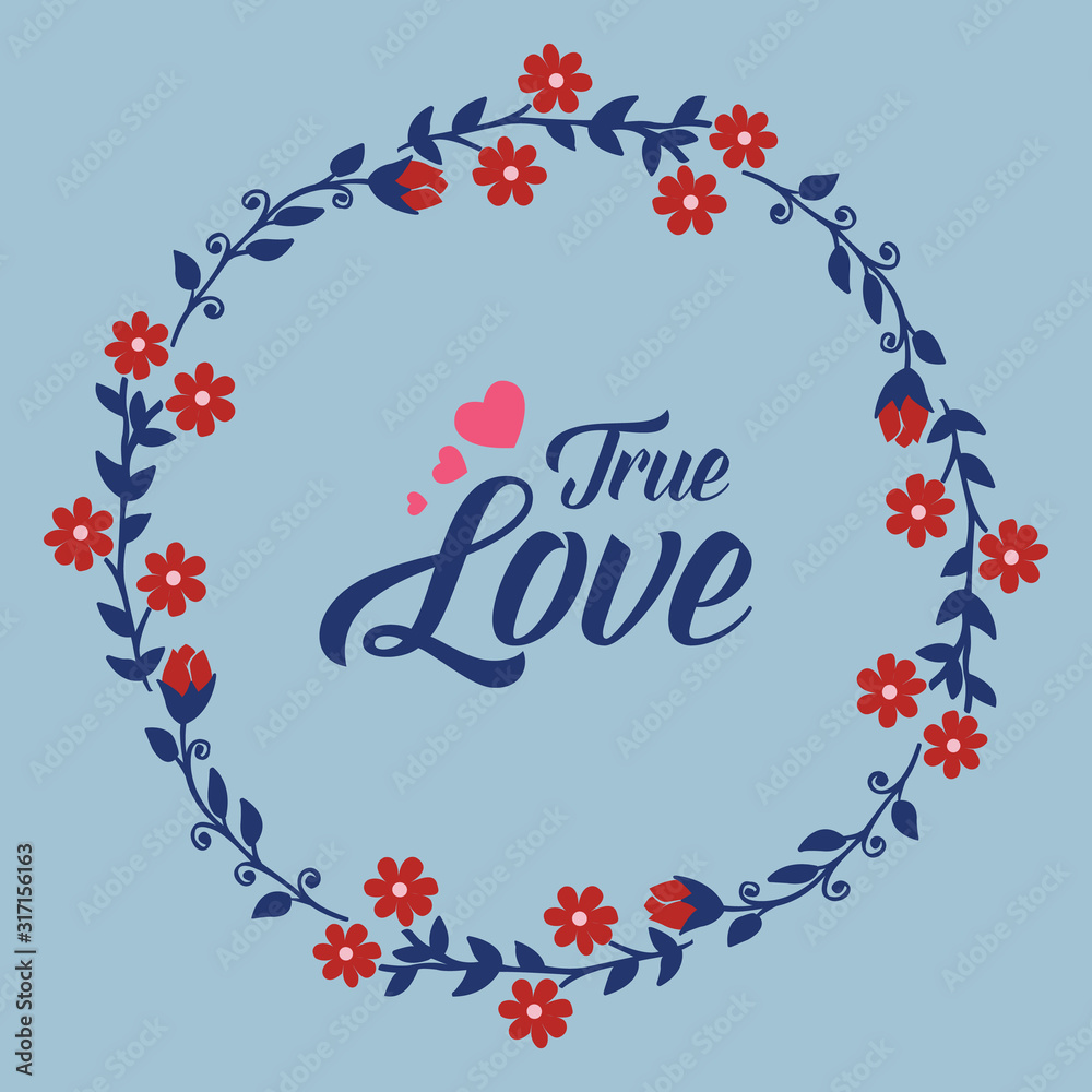 Simple shape pattern of leaf and red flower frame, for true love greeting card template decor. Vector