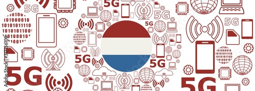 Mobile gadgets technology relative vector image. Circle frame with technology thin line icons. 5G Network Symbol. Flag of the Netherlands