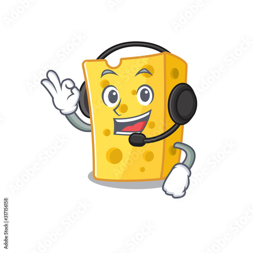 Smiley emmental cheese cartoon character design wearing headphone