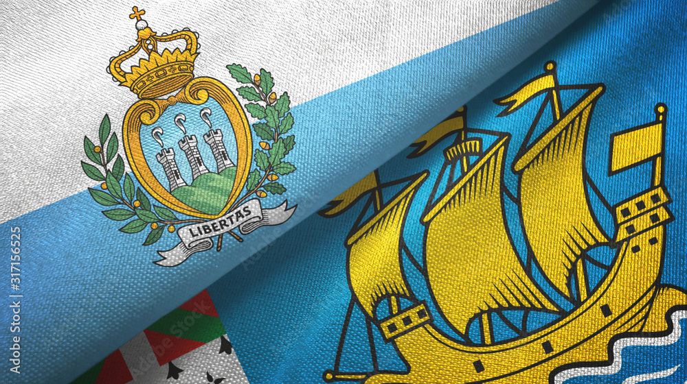San Marino and Saint Pierre and Miquelon two flags textile cloth, fabric texture