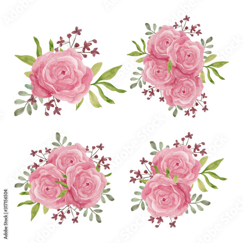 Watercolor illustration of pink rose flower bouquet