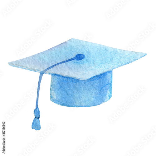  blue graduation cap icon. sketch for blogs. school decor. Watercolor illustration. brush