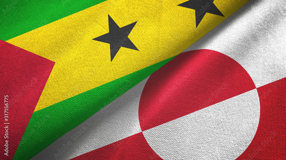 Fototapeta premium Sao Tome and Principe and Greenland two flags textile cloth, fabric texture