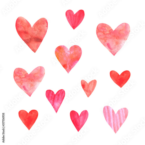 Set of red watercolor hearts. Perfect for creating romantic postcards and Valentines Day decor. Hand drawn. Isolated on white background