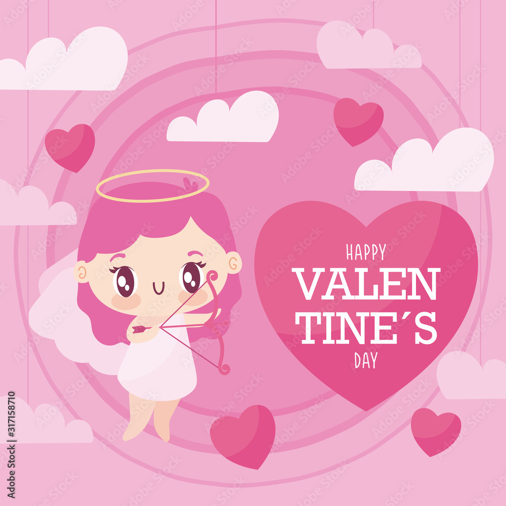 Valentines day cupid cartoon heart and clouds vector design Valentines day cupid cartoon heart and clouds vector design
