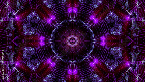 kaleidoscope patterns of purple round luminous particles. abstract background. 3d render illustration