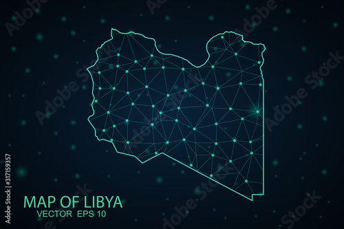Map of Libya. Wire frame 3D mesh polygonal network line, design sphere, dot and structure. communications map of Libya. Vector Illustration EPS10.