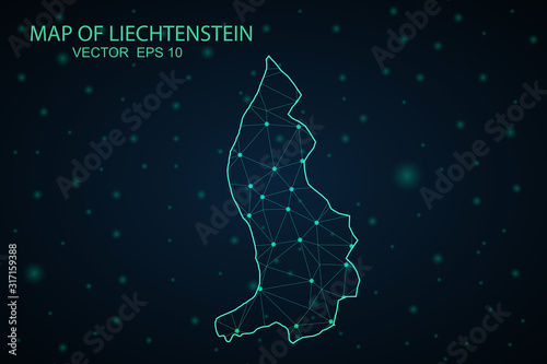 Map of Liechtenstein. Wire frame 3D mesh polygonal network line, design sphere, dot and structure. communications map of Liechtenstein. Vector Illustration EPS10.