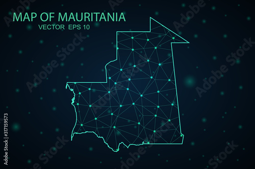 Map of Mauritania. Wire frame 3D mesh polygonal network line, design sphere, dot and structure. communications map of Mauritania. Vector Illustration EPS10.