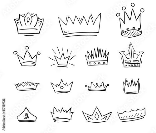 Hand drawn crowns draft set. Vector illustration.