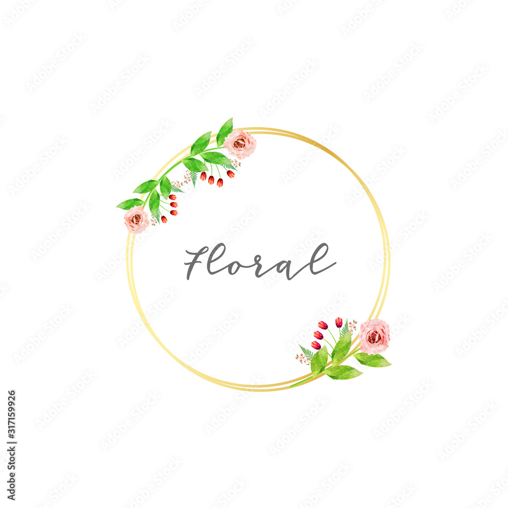 Obraz premium Golden circle frames with elegant watercolor flowers. Vector image