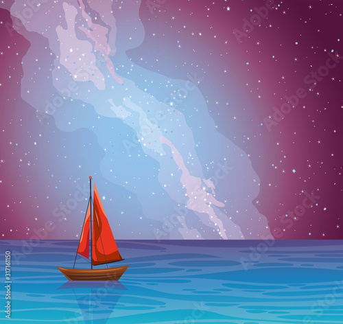 Seascape with boat and night sky.