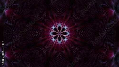 kaleidoscope patterns of purple round luminous particles. abstract background. 3d render illustration © toomler